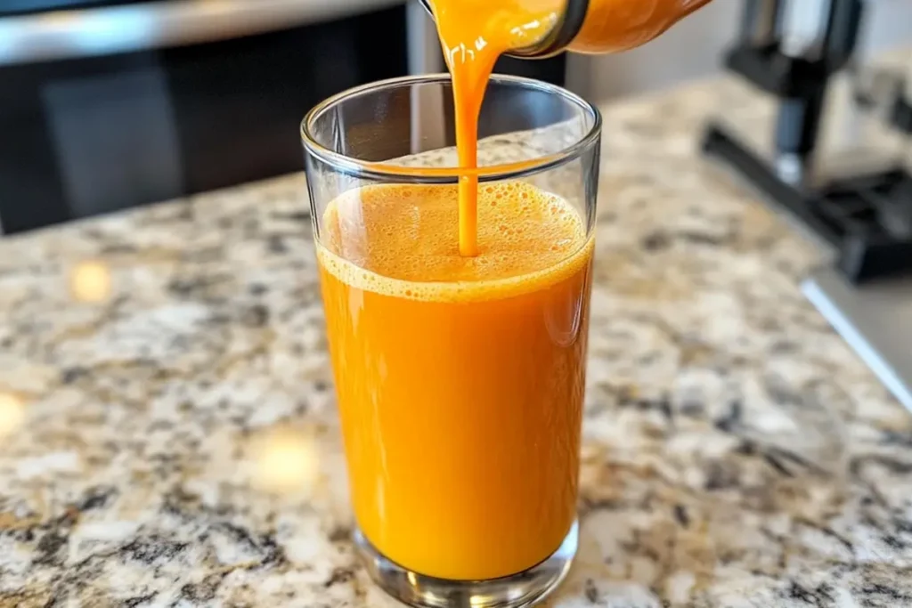 Freshly made carrot juice in a glass with carrots on the side.