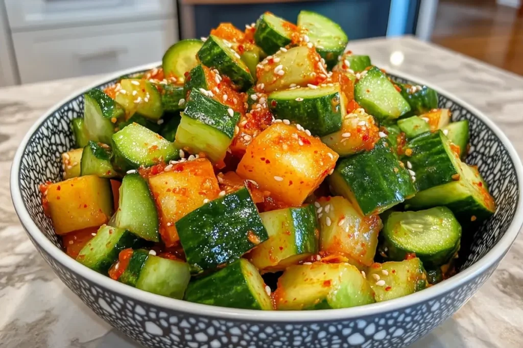 Freshly made cucumber kimchi served in a white bowl