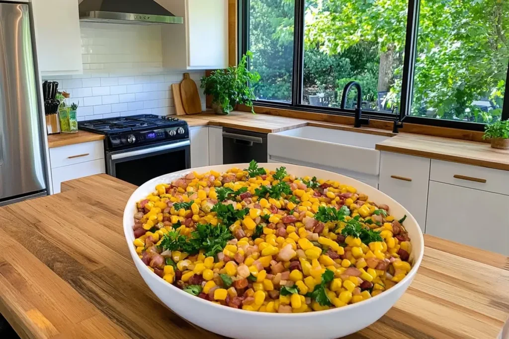 Skillet of golden fried corn with butter and herbs