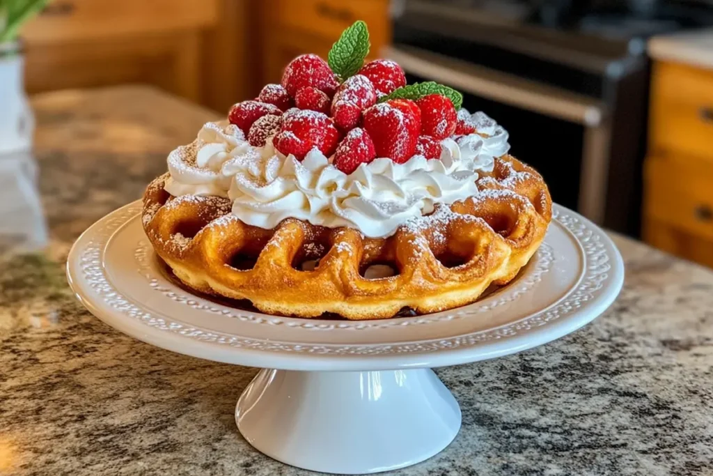 Freshly made golden funnel cake with powdered sugar