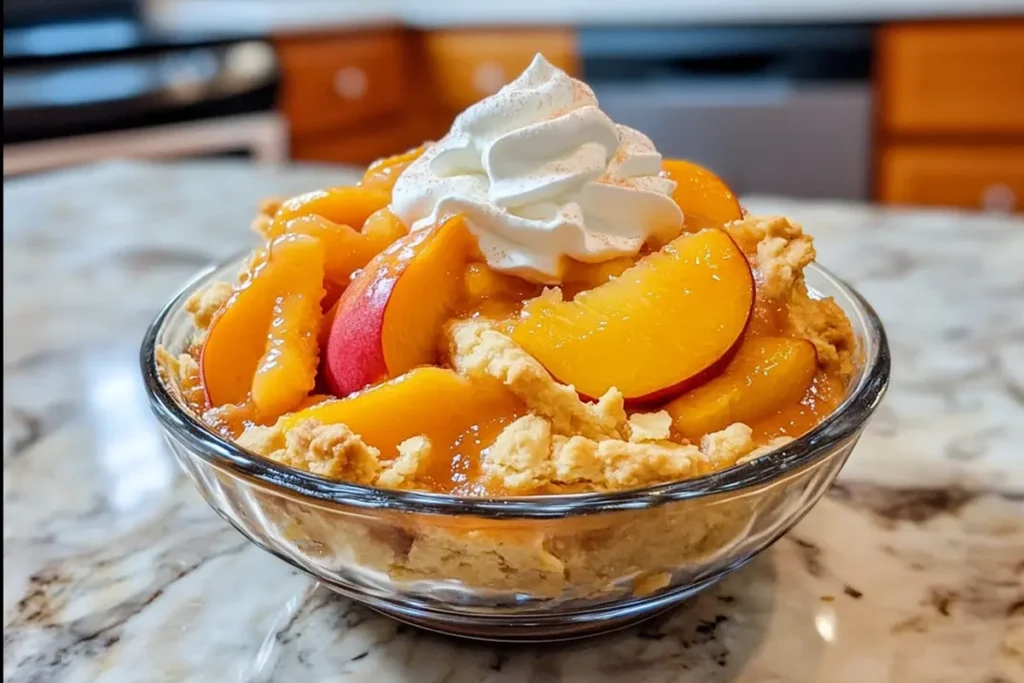 A warm peach cobbler with golden crust and juicy peach filling served in a rustic skillet.