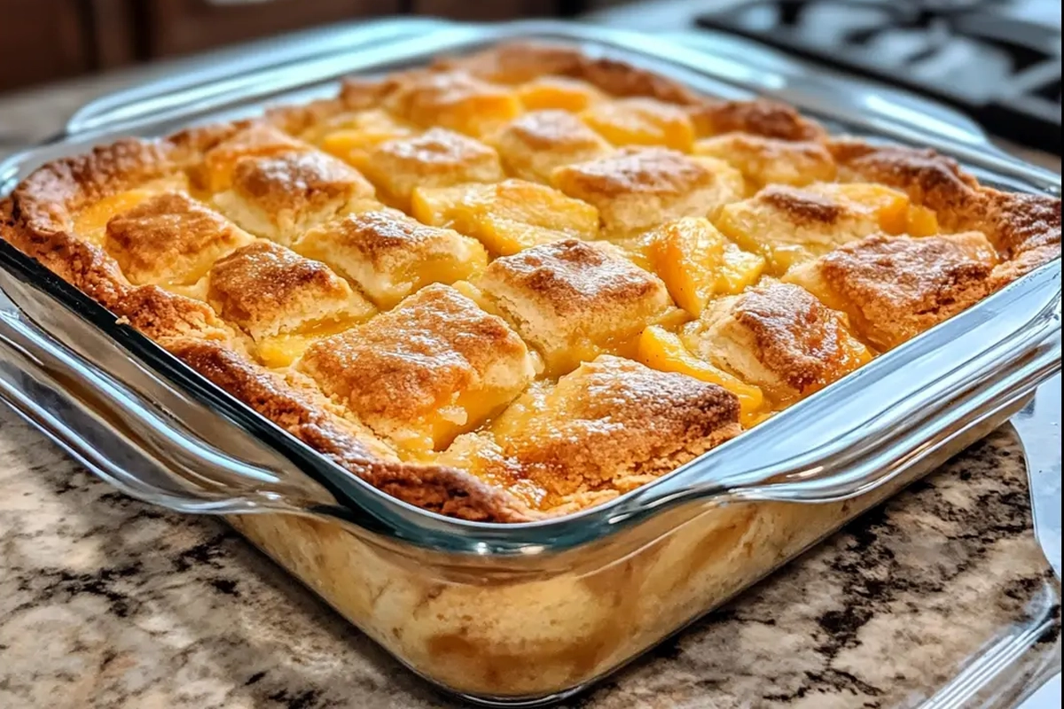 A golden brown peach cobbler made with cake mix, fresh peaches, and a buttery crust.