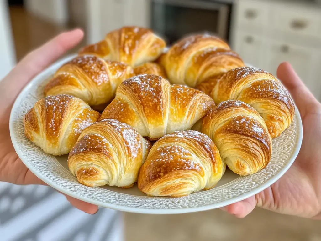 Freshly baked Swiss gipfeli on a baking tray