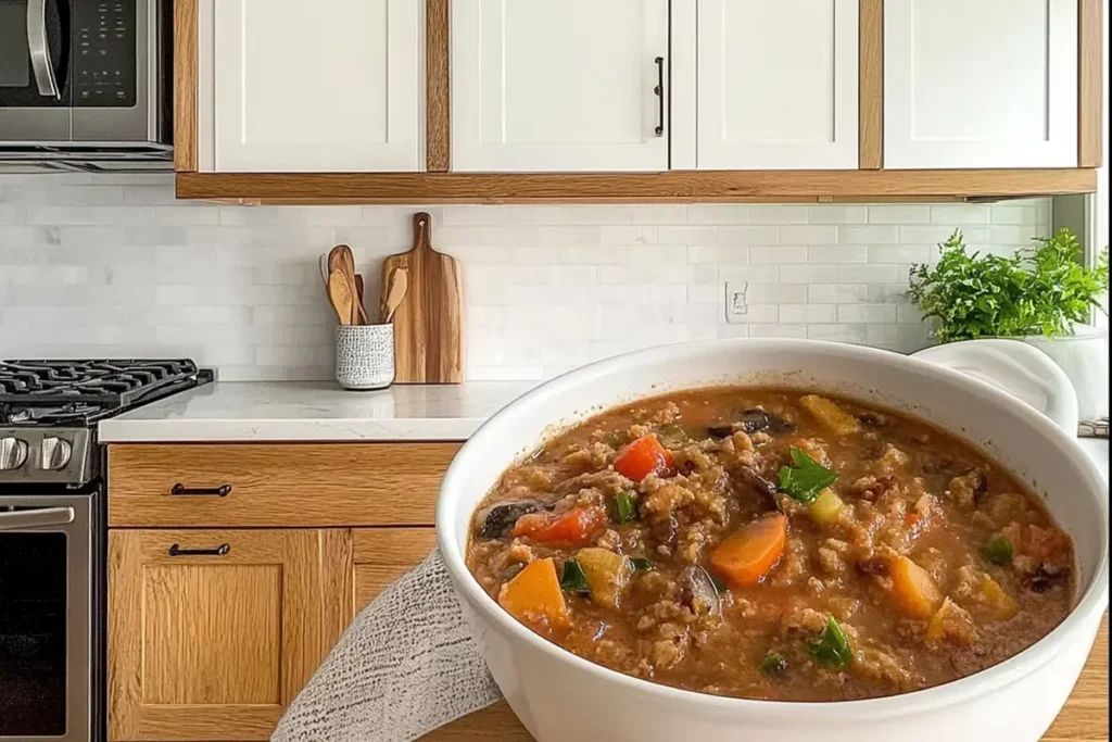 A bowl of keto crockpot beef stew garnished with parsley.