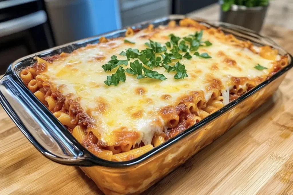 A bowl of macaroni and penne pasta topped with tomato sauce and fresh basil.