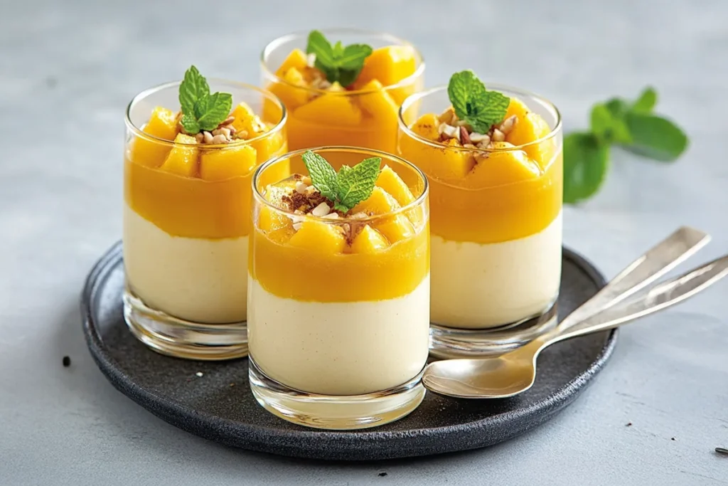 A vibrant mango parfait topped with fresh fruit.