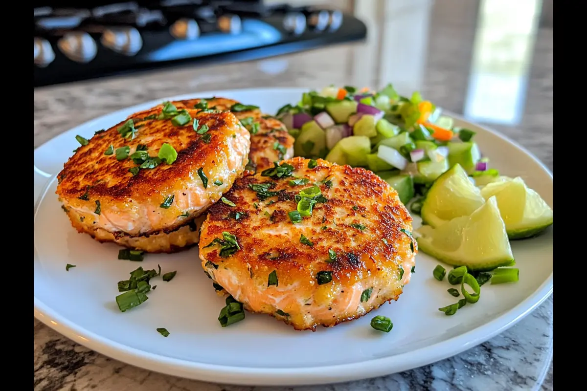 Close-up of old fashioned salmon patties on a plate with lemon wedges.