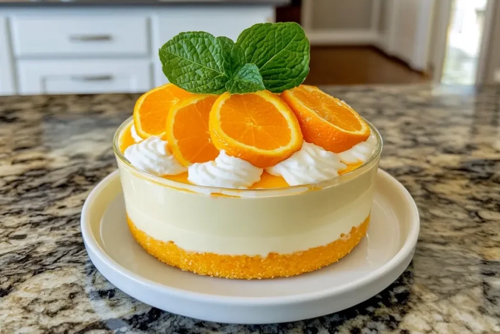 A delicious slice of orange zest low-carb dessert garnished with fresh mint and orange slices on a white plate.