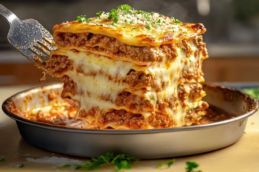 Top-down view of a lasagna pan filled with layered lasagna.