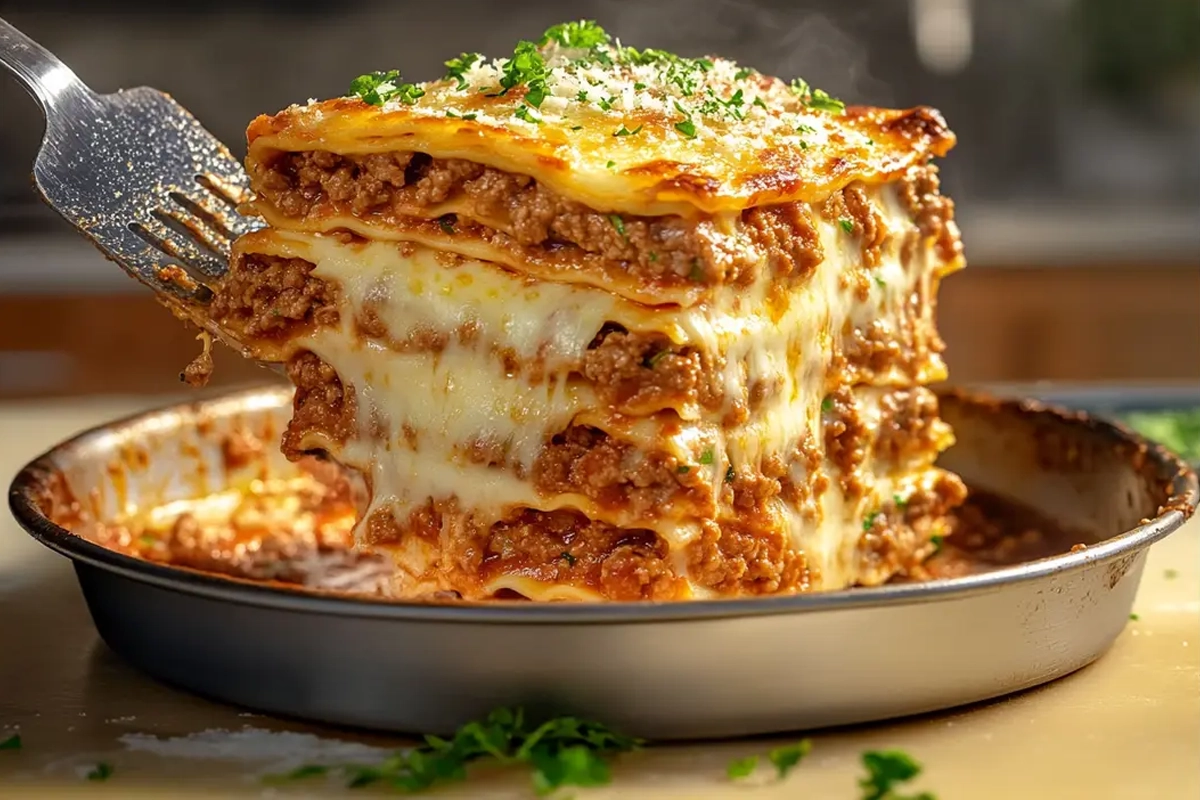 Top-down view of a lasagna pan filled with layered lasagna.