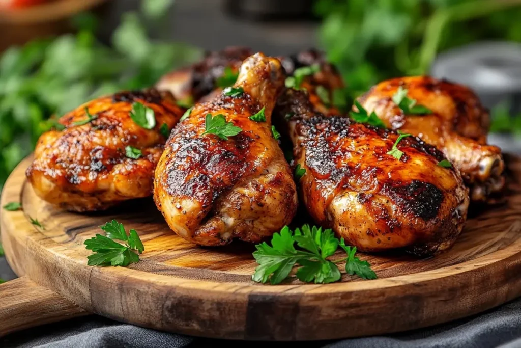 Smoked chicken on a wooden platter with herbs and spices