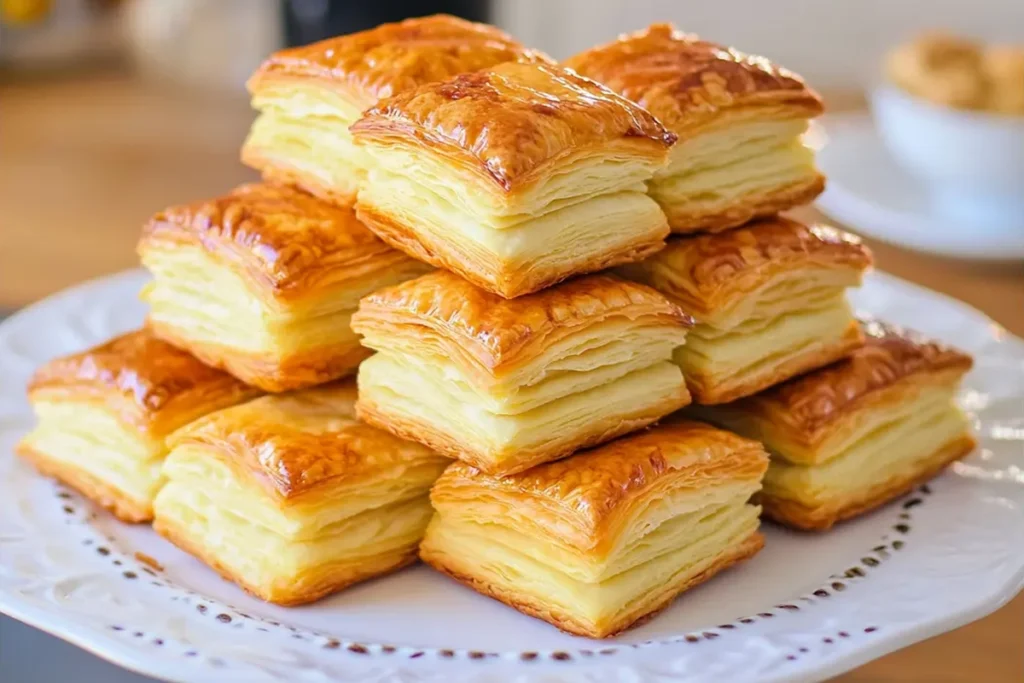 Puff pastry desserts on a plate with fresh fruit and cream