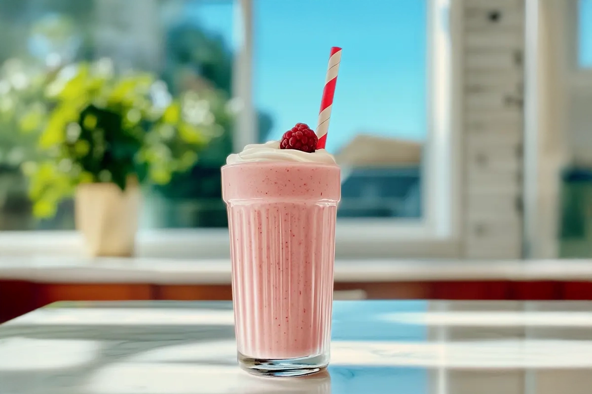 Carnation Breakfast Smoothie in a tall glass with fresh fruit garnish