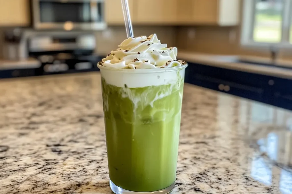 Iced matcha latte served in a clear glass with a straw.