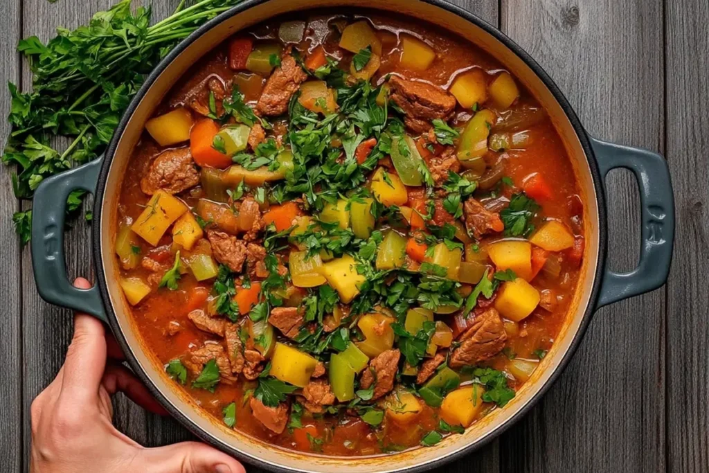 Dutch oven filled with hearty stew and garnished with fresh herbs.