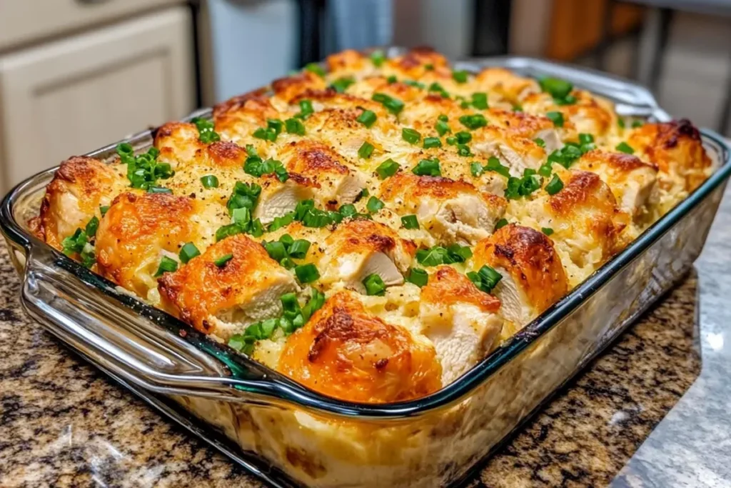 Rotisserie Chicken Casserole served in a rustic dish with fresh herbs.