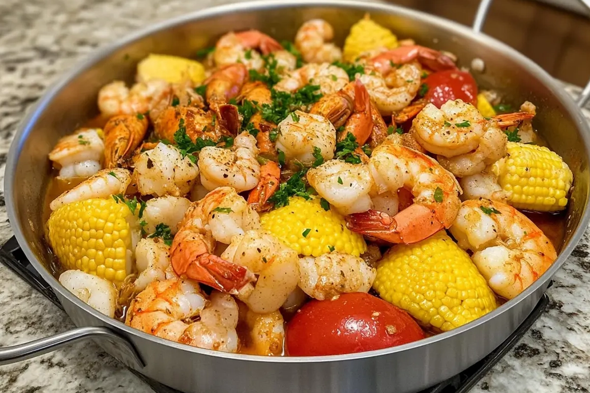 Close-up of seafood boil sauce with butter and garlic.