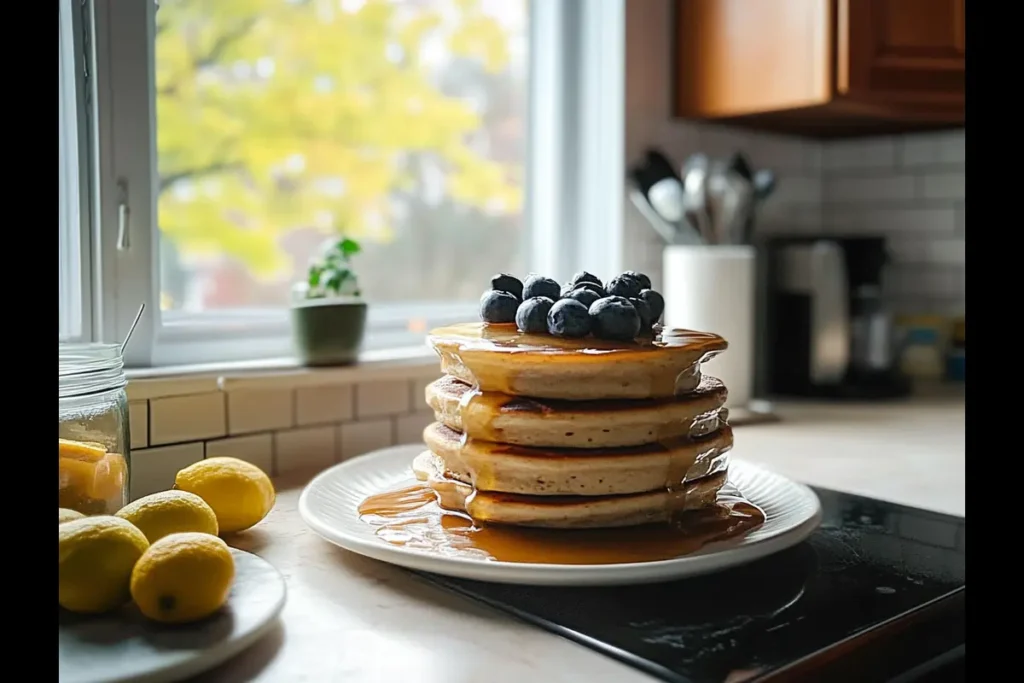 Hotcake stack topped with fresh berries and syrup, using a hotcake mix recipe.