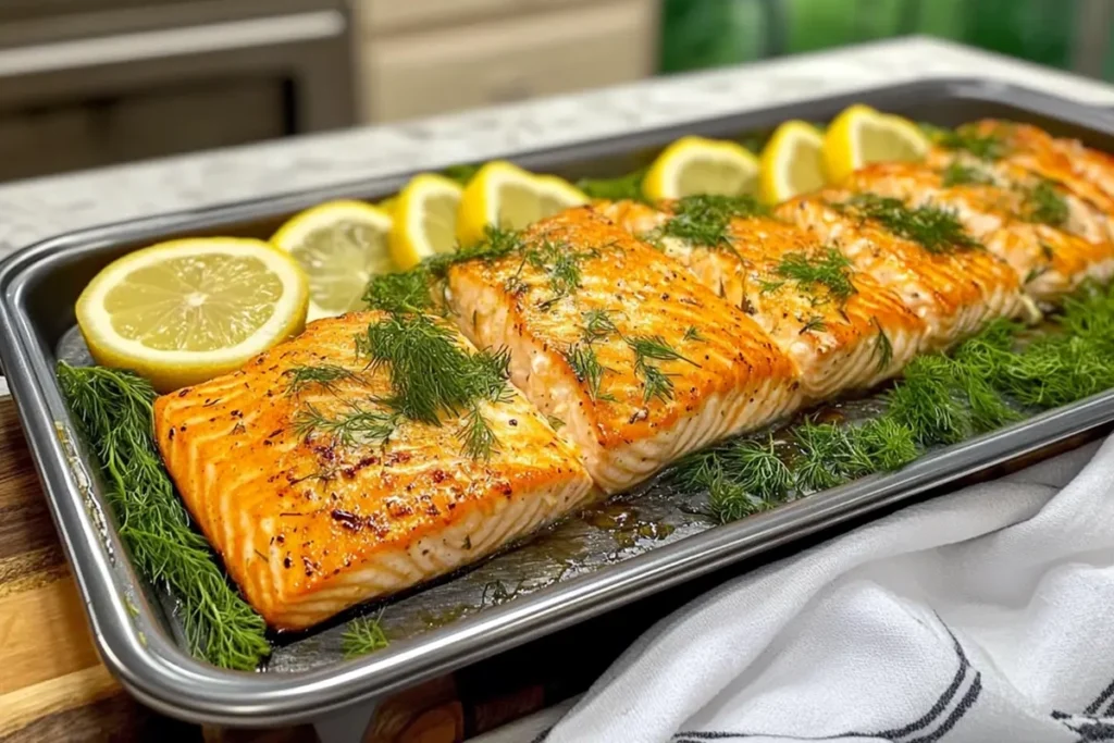 Freshly cooked steelhead trout with lemon and dill.