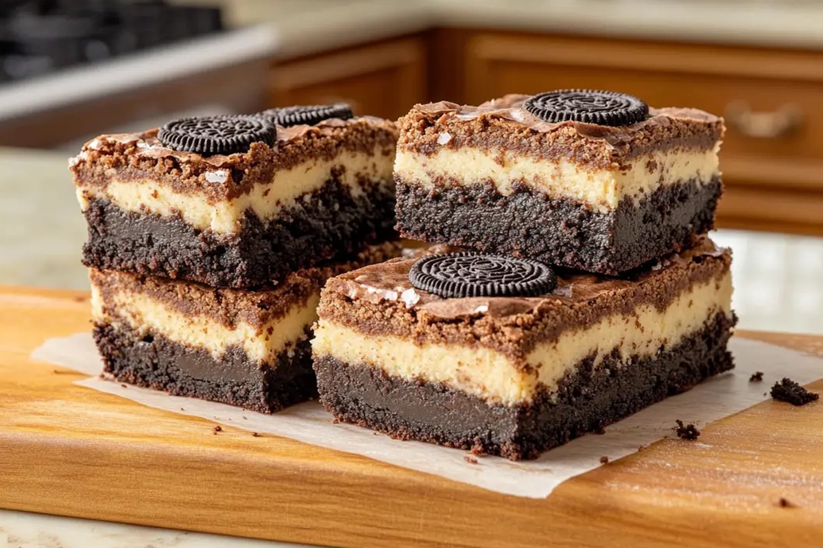 Slutty brownie recipe with chocolate chip cookie, Oreo, and brownie layers