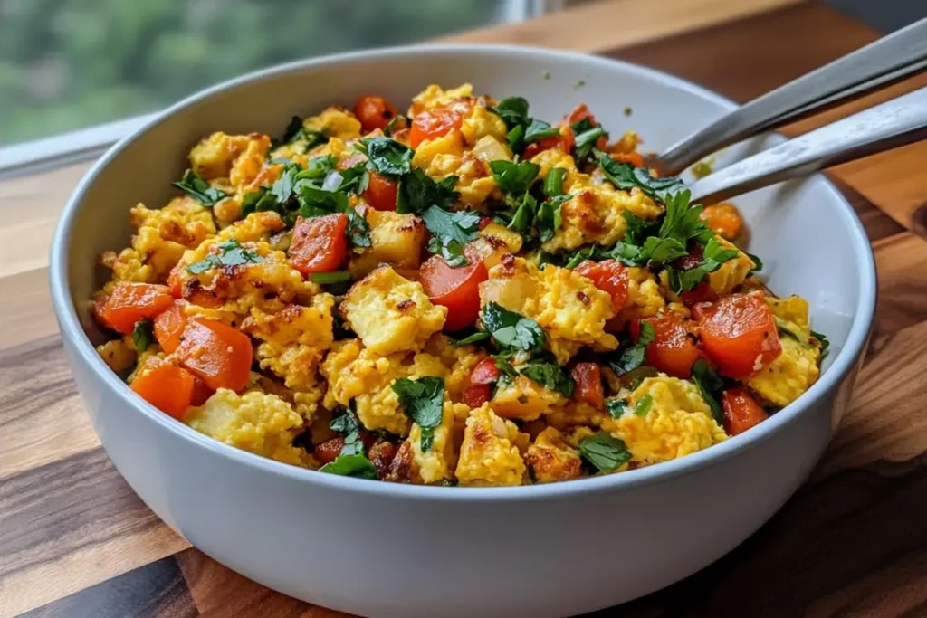 A vibrant vegan breakfast scramble with colorful vegetables on a rustic plate