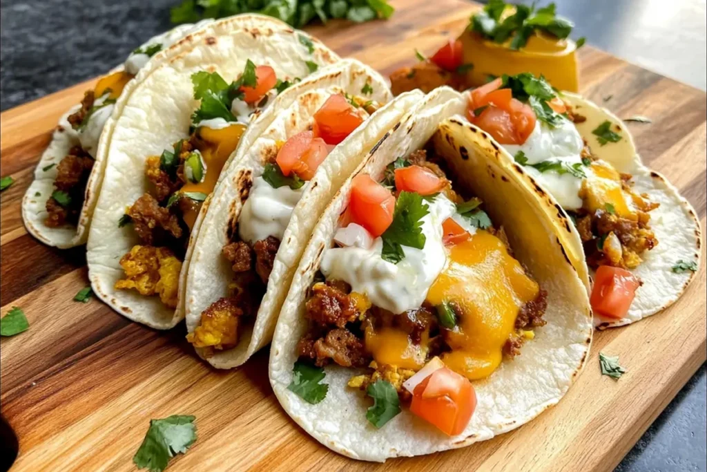 Close-up of vibrant Mexican Breakfast Tacos garnished with lime and cilantro.