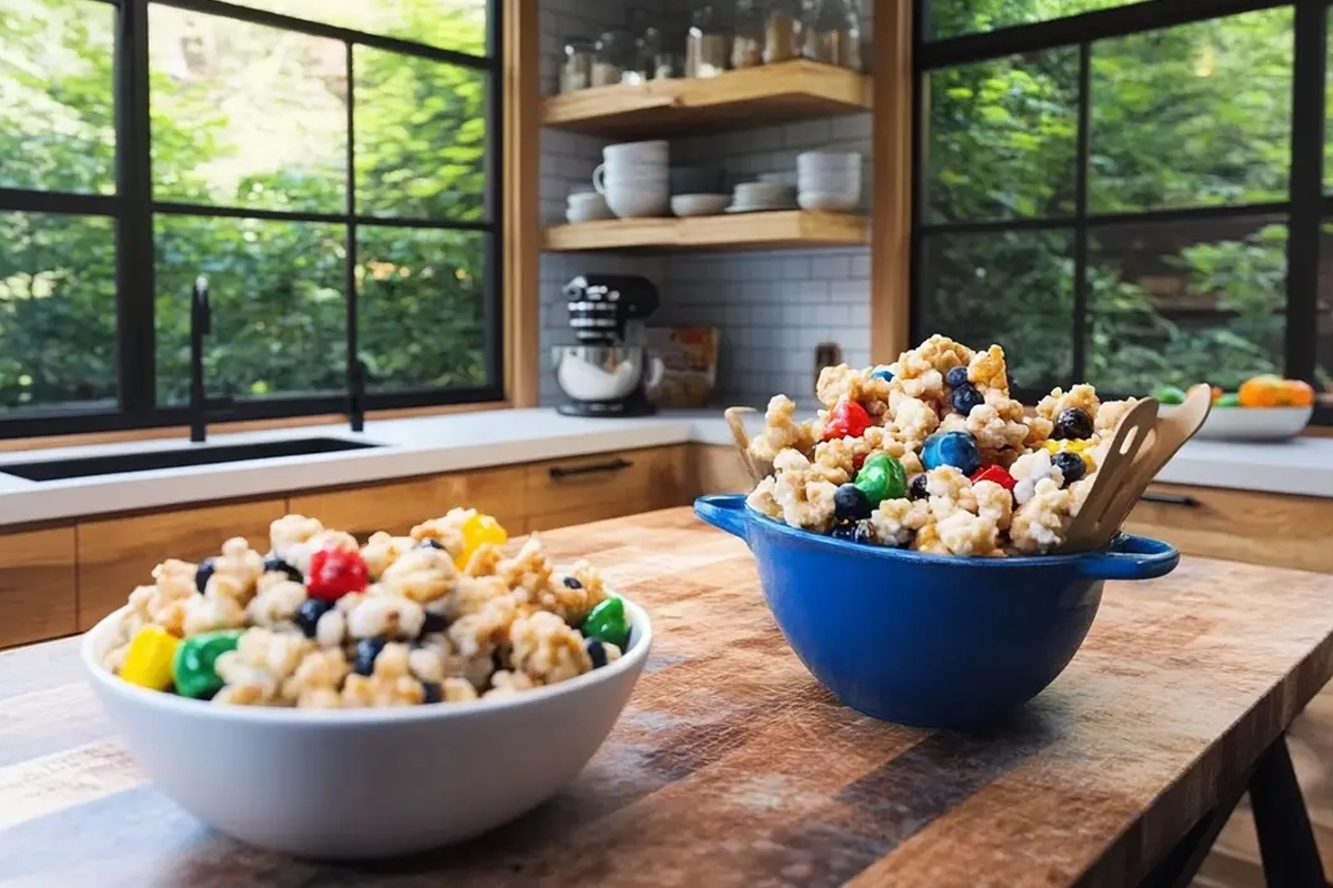 A colorful bowl of white trash snack mix with candies, pretzels, and cereal, coated in white chocolate.