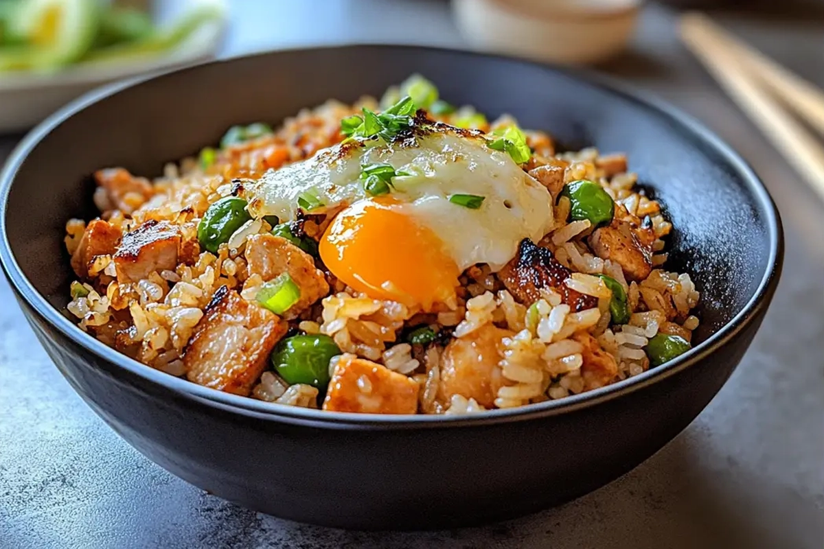 Blackstone fried rice sizzling on a griddle