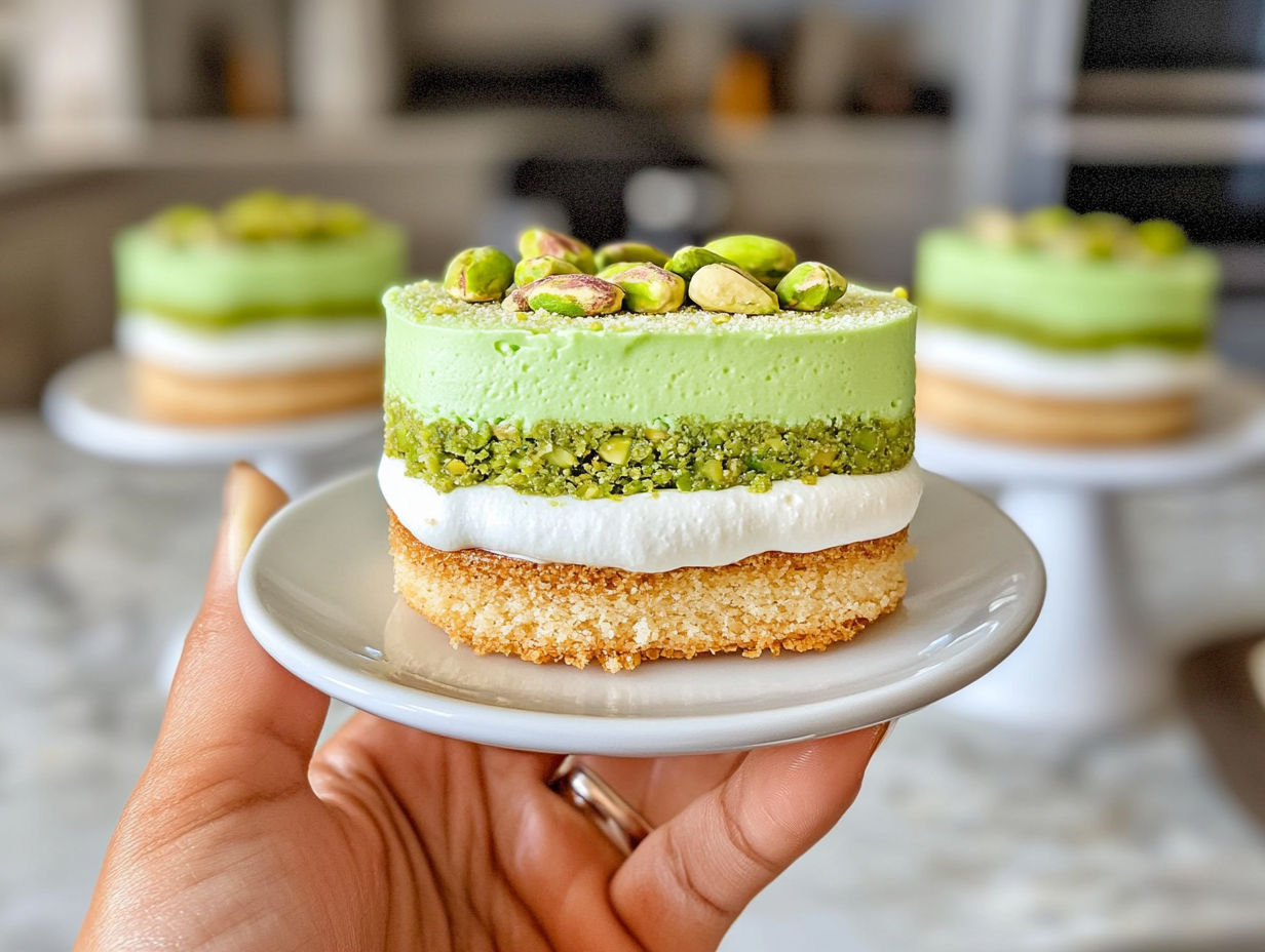 Top-down view of a pistachio dessert with creamy layers and garnished nuts.