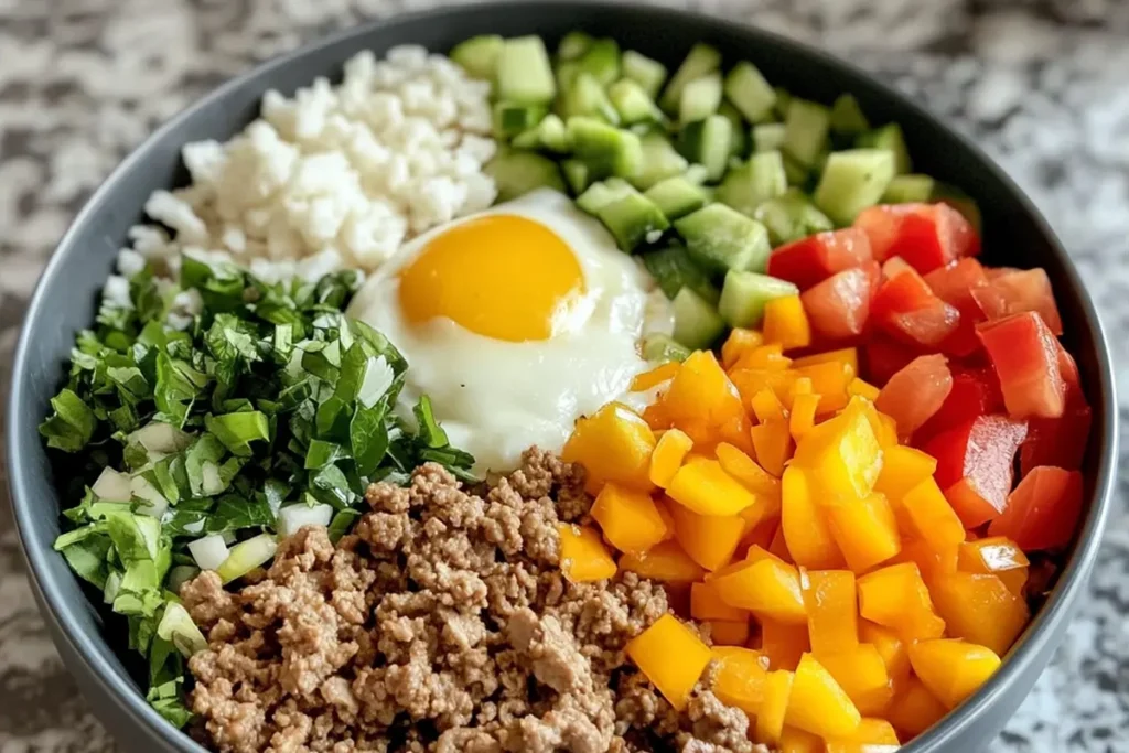 Burger bowl with fresh vegetables and toppings