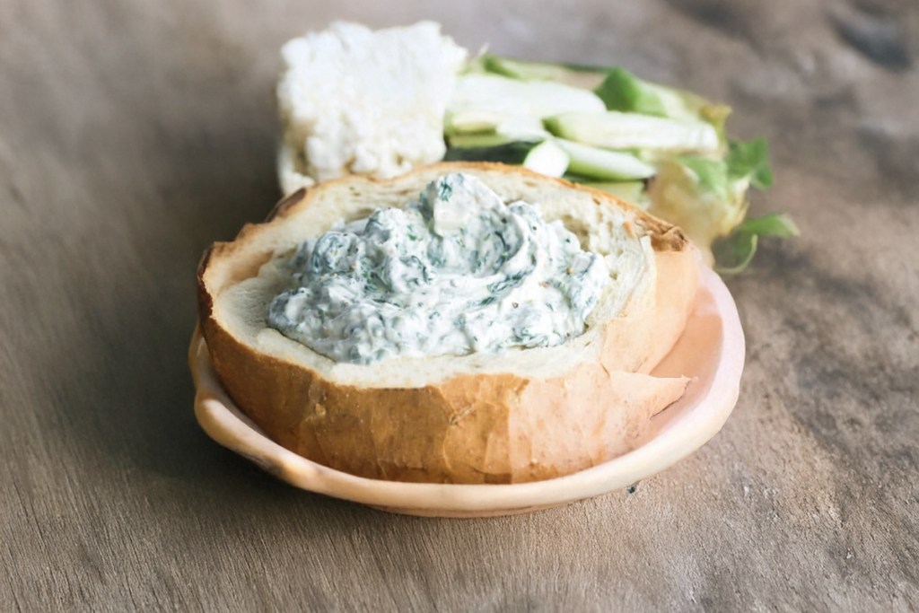 Spinach dip served in a bread bowl with fresh vegetables.