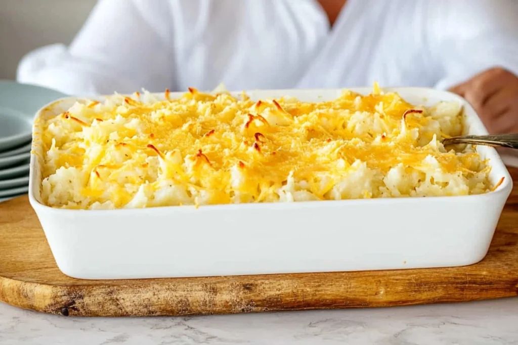 Cheesy potato casserole with golden crust and fresh herbs