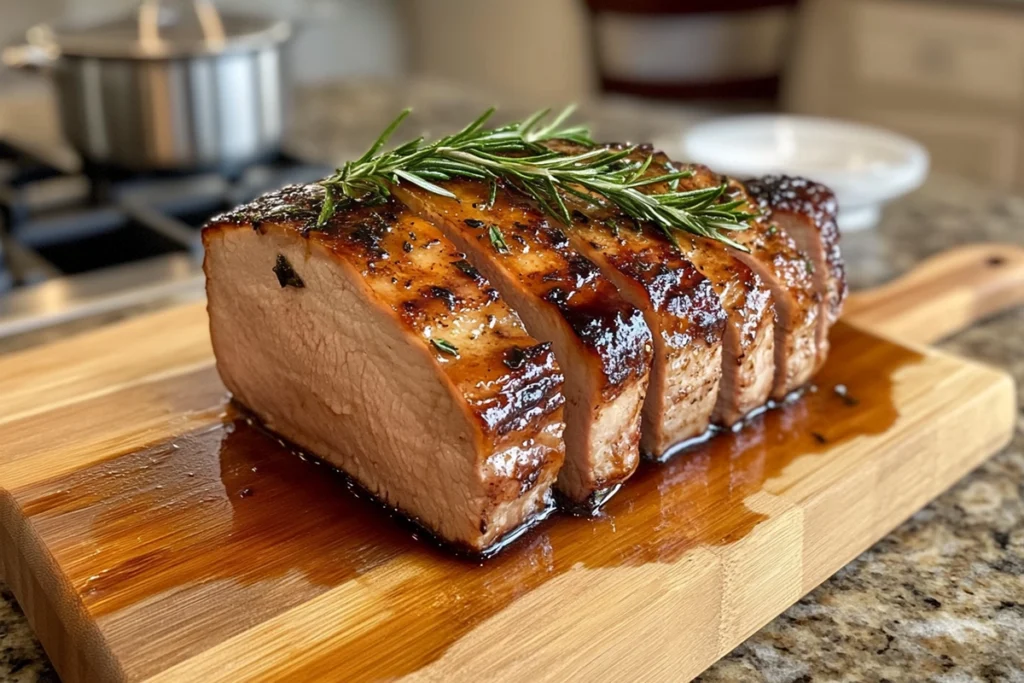 Glazed turkey slices garnished with herbs and fruits on a wooden board