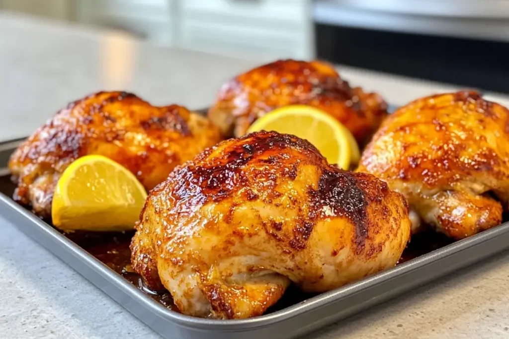 Juicy rotisserie chicken fresh off the spit, golden-brown and perfectly cooked, surrounded by fresh herbs and vegetables.