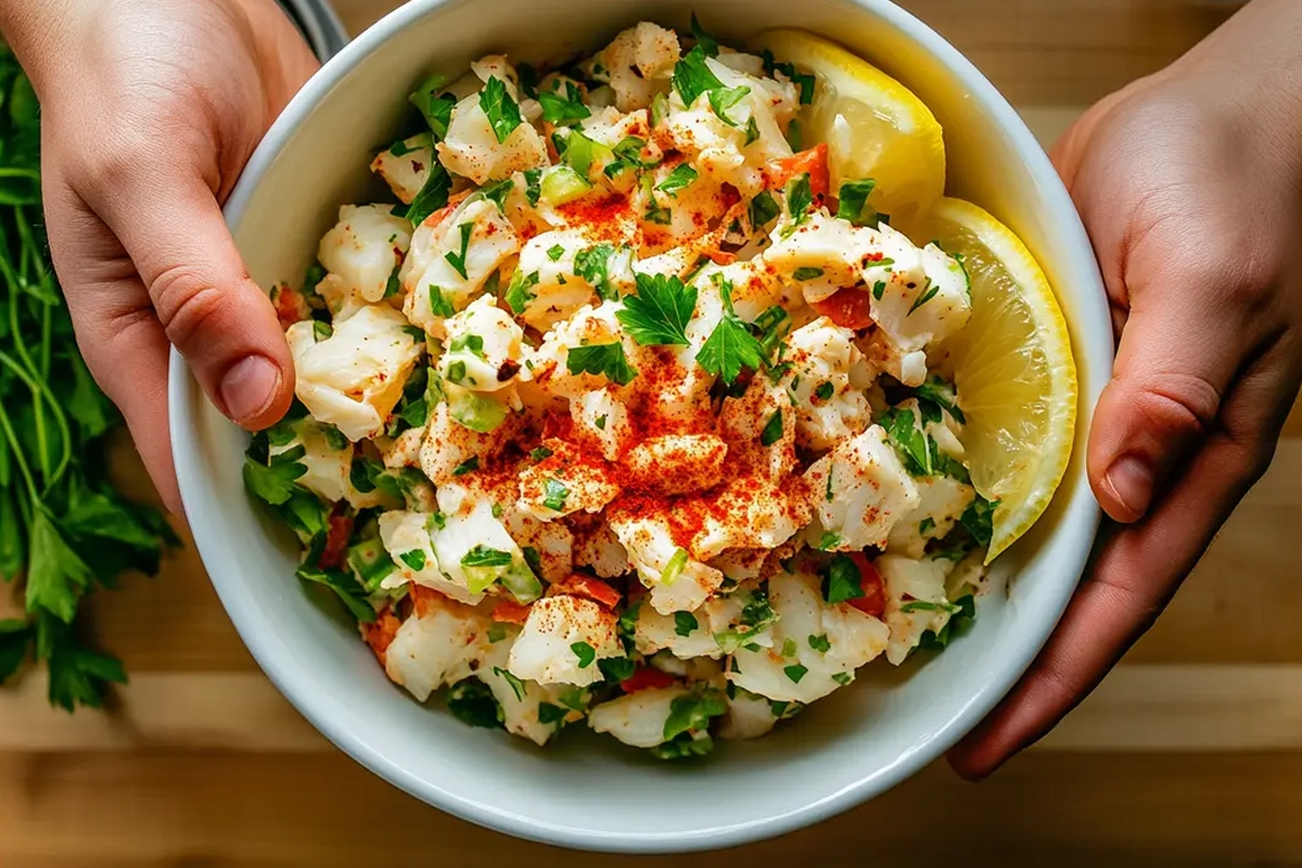 A close-up of freshly prepared crab salad garnished with parsley, served in a modern white bowl.