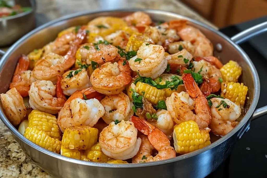 A vibrant shrimp boil with shrimp, corn, potatoes, and sausages served on a rustic tray.