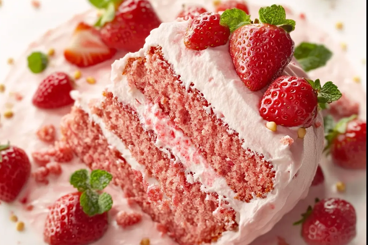 A beautifully decorated strawberry cake with fresh berries and powdered sugar