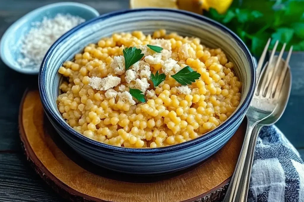 Creamy pastina pasta served in a rustic bowl, garnished with fresh herbs and Parmesan cheese.