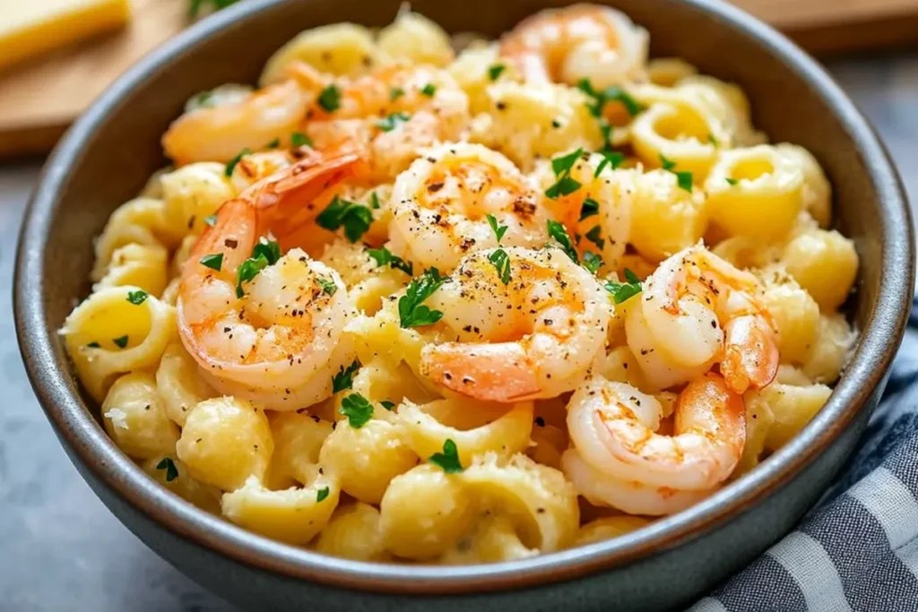 A top-down view of a vibrant shrimp salad with colorful vegetables and garnishes.