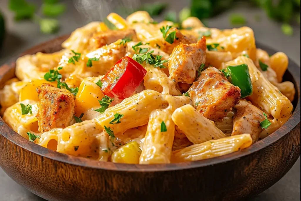 A vibrant plate of Rasta Pasta with colorful bell peppers and creamy sauce.