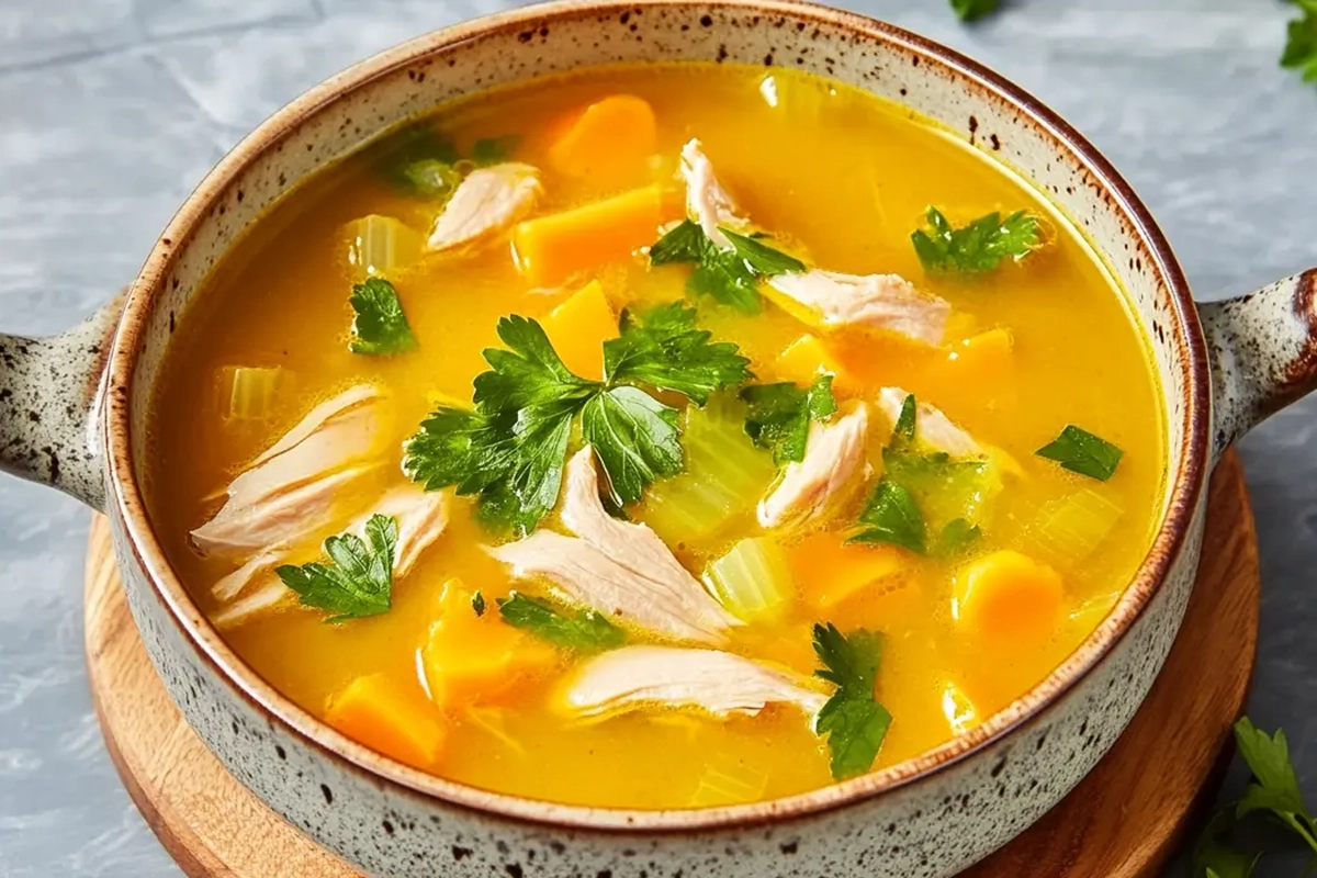 Warm bowl of turkey soup with fresh herbs and vegetables.