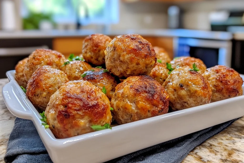 A plate of perfectly baked sausage balls served with dipping sauces.