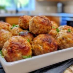 A plate of perfectly baked sausage balls served with dipping sauces.