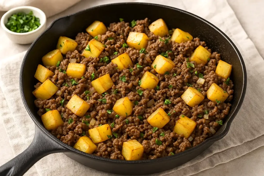 cook potatoes and ground beef together