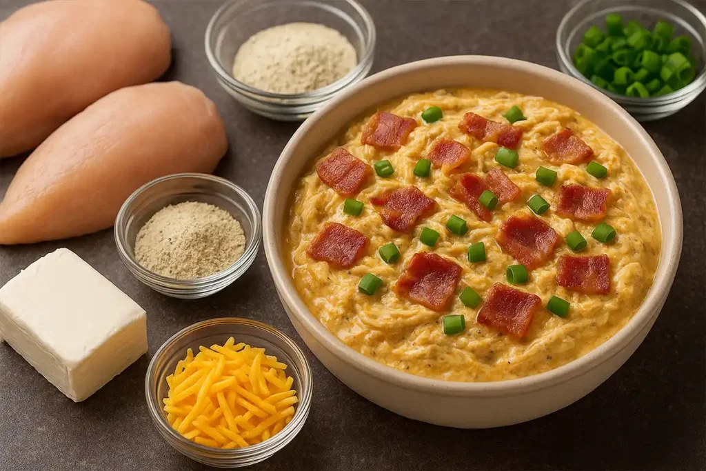Chicken, cheddar, and cream cheese make up the essential crack chicken ingredients for a comforting family meal