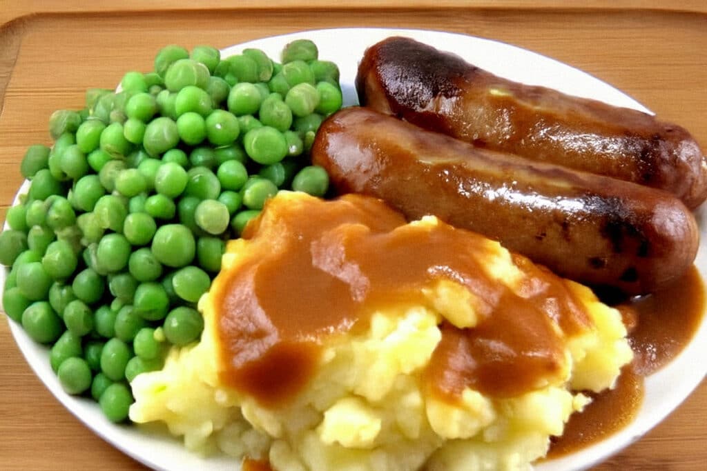 Bangers and Mash served with onion gravy